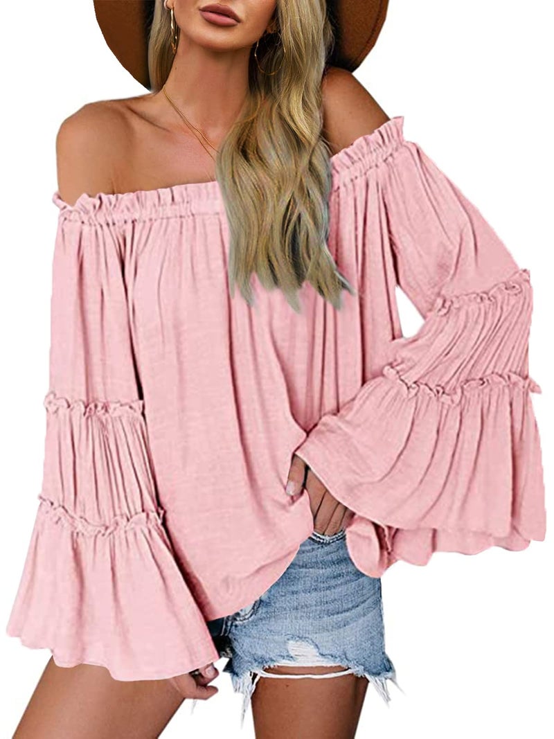 Farktop Womens Off The Shoulder Long Bell Sleeve Tops Flared Casual Loose Blouse (Light Pink, Large) - Image 1